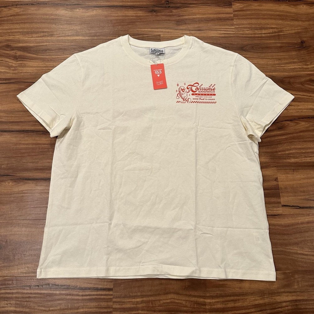 Chuckle Sandwich Shirt Mens 2XL White Menu Graphic Tee Podcast Food Burger - Picture 3 of 10